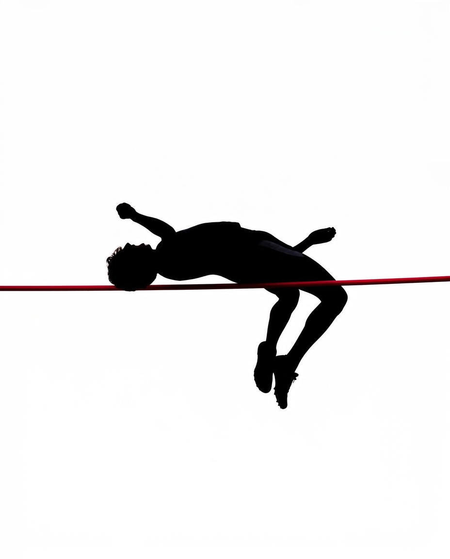 a black silhouette clearing a thin red bar against a white sky