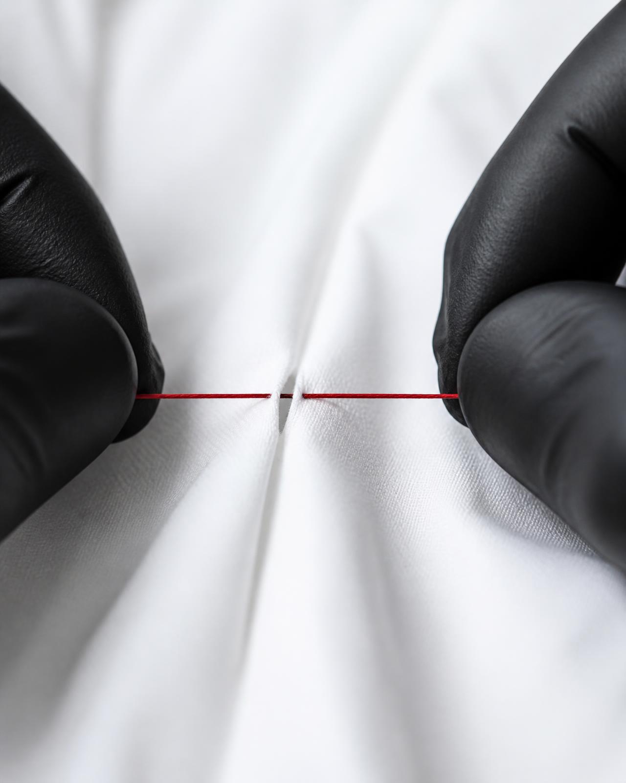 black gloved hands drawing a single red thread taut through white fabric